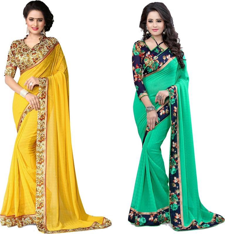 Indianbeauty Printed, Solid Fashion Chiffon Saree(Pack of 2, Green, Yellow)