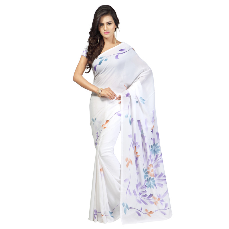 Goodfeel Hand Painted Fashion Chiffon Saree(White)