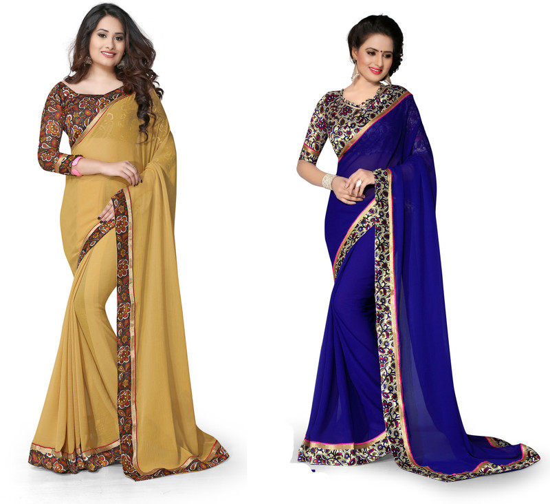 Indianbeauty Self Design Bollywood Chiffon Saree(Pack of 2, Blue, Beige)