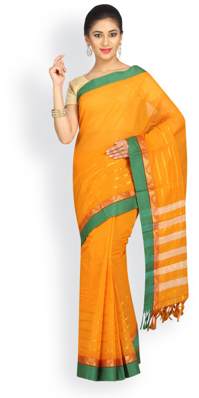 Pavechas Solid, Striped Mangalagiri Cotton Saree(Gold) RS.687 (70.00% Off) - Flipkart