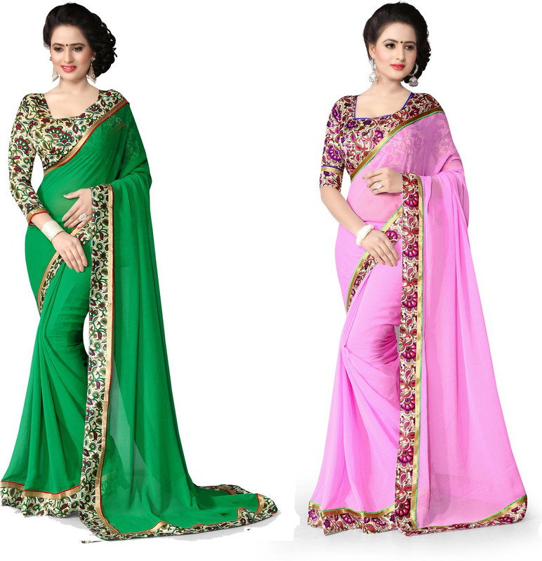 Indianbeauty Self Design Bollywood Chiffon Saree(Pack of 2, Green, Pink)