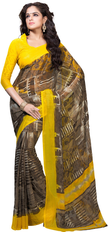 Lovely Look Printed Daily Wear Poly Georgette Saree(Brown, Yellow)