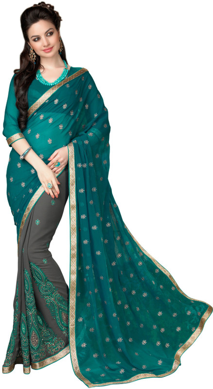 Khoobee Self Design, Embroidered, Embellished Fashion Poly Georgette, Chiffon Saree(Green, Grey)