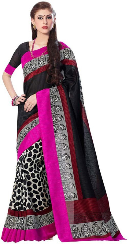Softdeal Printed Bhagalpuri Silk Blend Saree(Black)