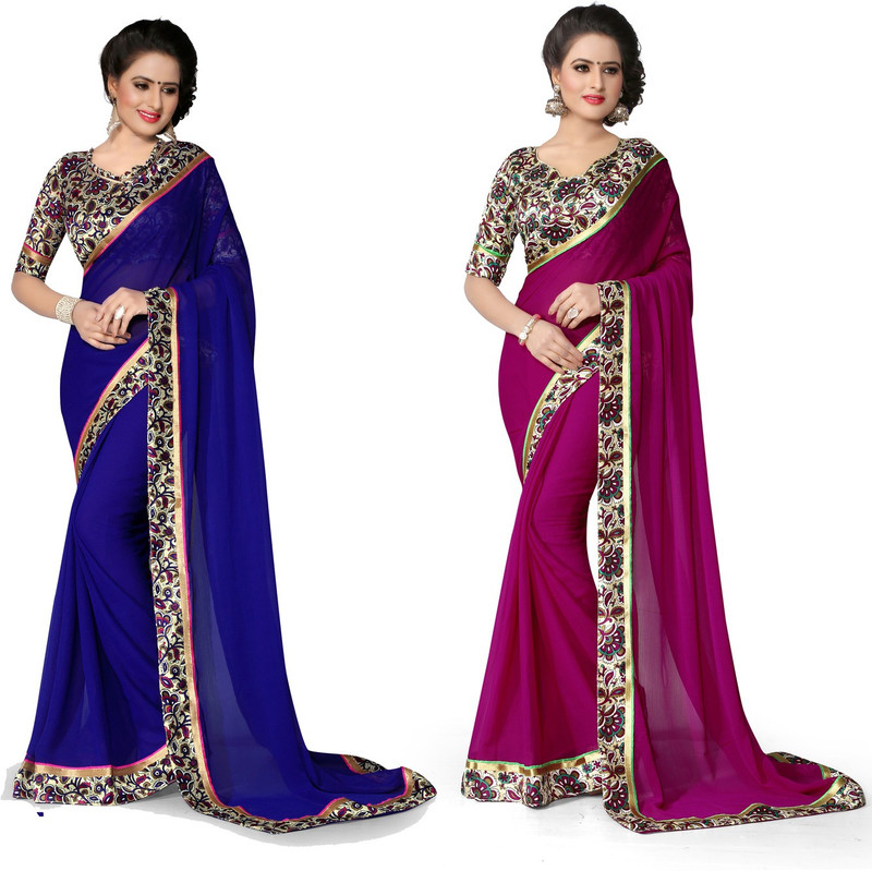 Indianbeauty Self Design, Printed, Solid Bollywood Chiffon Saree(Pack of 2, Purple, Blue)