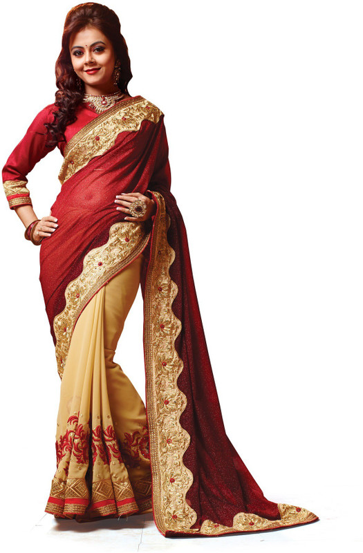 Ridham Sarees Self Design, Embroidered Bollywood Pure Georgette Saree(Red, Beige)