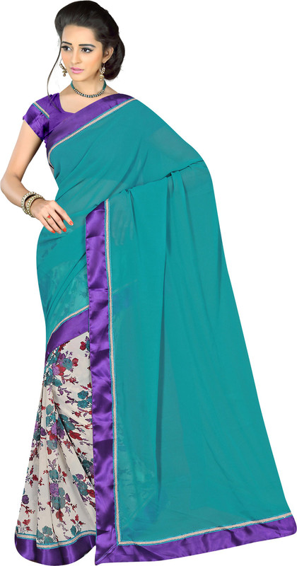 Khoobee Self Design, Printed Fashion Poly Georgette Saree(Multicolor, Light Blue, White)