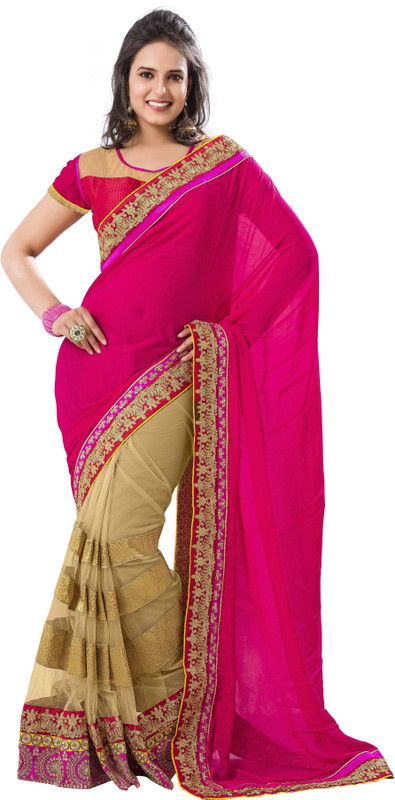 Khushali Self Design, Embroidered, Embellished Fashion Cotton Blend, Poly Georgette Saree(Pink, Beige)