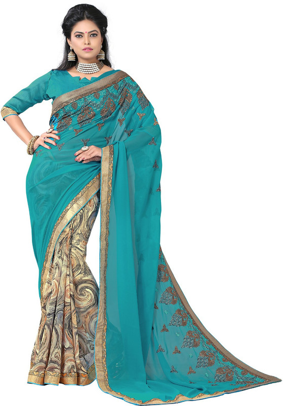 Manthan Embroidered Daily Wear Poly Georgette Saree(Pack of 2, Multicolor, Light Blue)