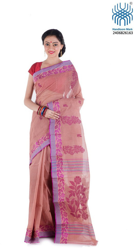 Tantuja Woven Tangail Handloom Cotton Blend Saree(Brown)