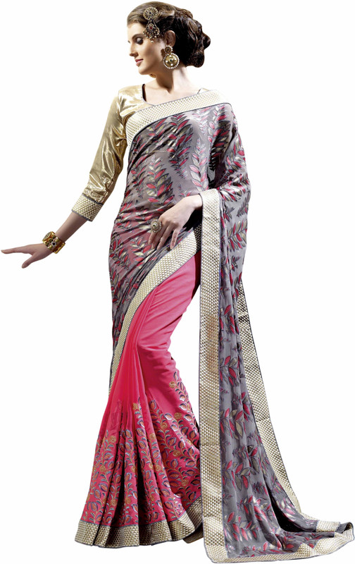 Jiya Self Design, Embroidered Fashion Cotton Blend, Poly Georgette Saree(Multicolor, Pink, Grey, Beige)