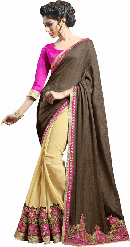 Khushali Self Design, Embroidered Fashion Cotton Blend, Poly Georgette, Poly Silk Saree(Brown, Pink, Beige)