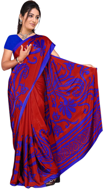 Khoobee Printed Fashion Poly Crepe Saree(Red, Blue)