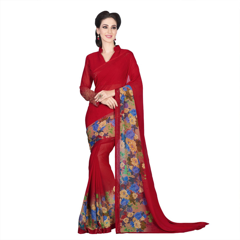 Suvastram Floral Print Fashion Poly Georgette Saree(Maroon)