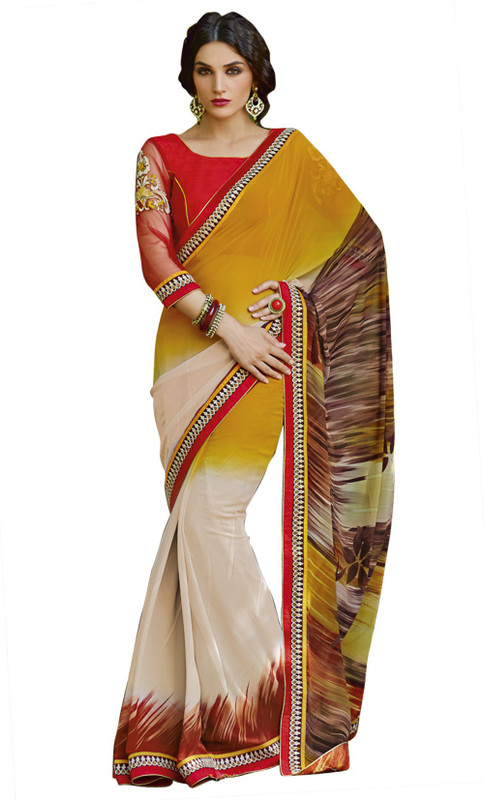 Khoobee Self Design, Embroidered Fashion Poly Georgette Saree(Multicolor, Red, Beige)