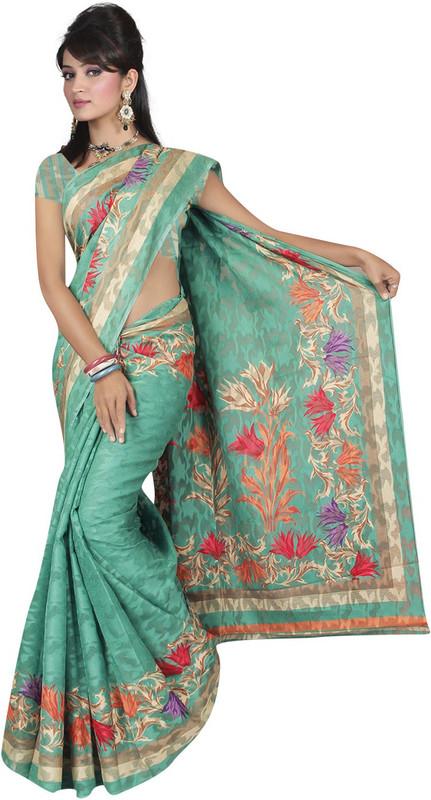 Desi Butik Printed Patola Cotton Blend Saree(Green)
