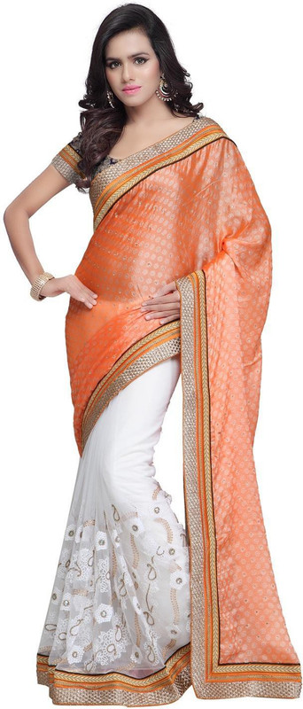 JTInternational Self Design Bollywood Cotton Blend Saree(White, Pink)
