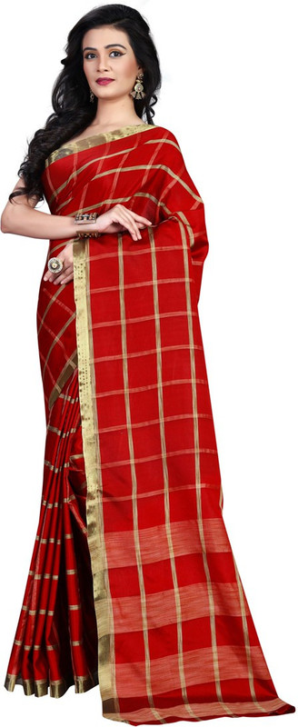 Silvermoon Checkered Fashion Polycotton Saree(Red)