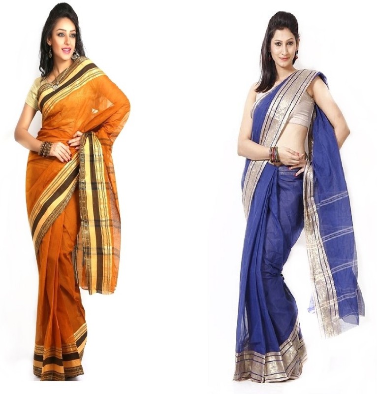 Purabi Self Design Tant Handloom Cotton Saree(Pack of 2, Brown, Blue) RS.5299 (73.00% Off) - Flipkart