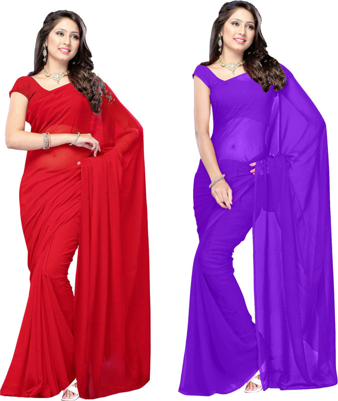 Manthan Solid Daily Wear Poly Georgette Saree(Pack of 2, Purple, Red)