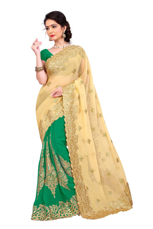 Khushali Embroidered, Embellished Fashion Poly Georgette Saree(Green, Beige)