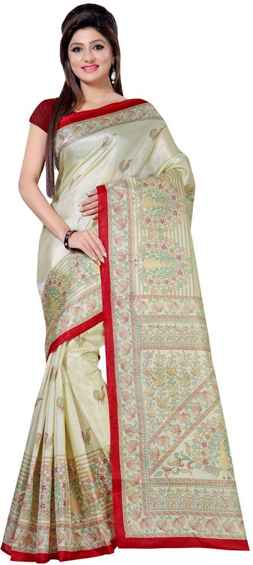 Ayka Printed Madhubani Cotton Blend, Poly Silk Saree(Maroon, Beige)