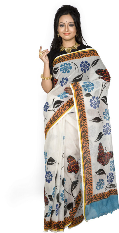 weavers crafts Hand Painted Fashion Cotton Blend Saree(White)
