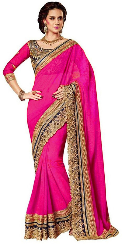 Winza Designer Self Design, Embroidered, Embellished, Solid Bollywood Poly Georgette Saree(Pink)