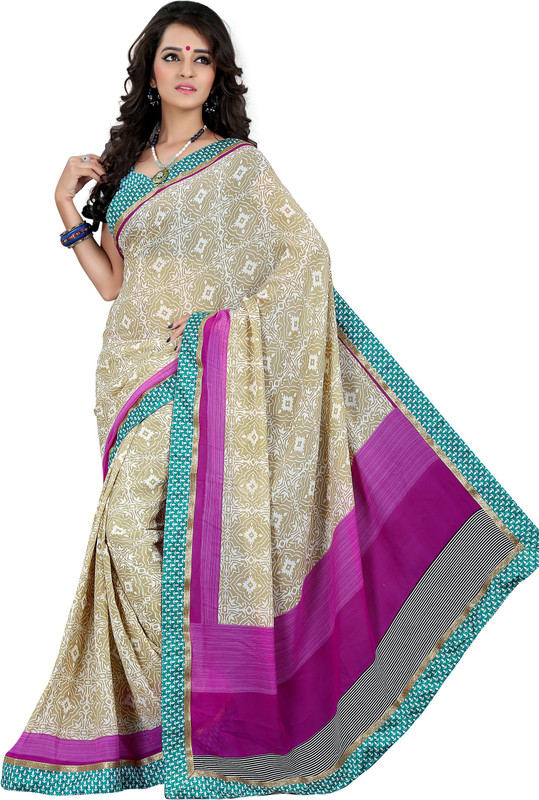 Khoobee Self Design, Printed Fashion Poly Georgette Saree(White, Beige)