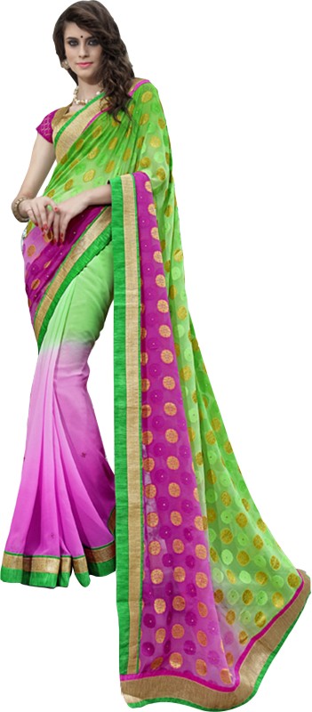 Parisha Embroidered Fashion Cotton Blend, Poly Georgette Saree(Green, Pink)