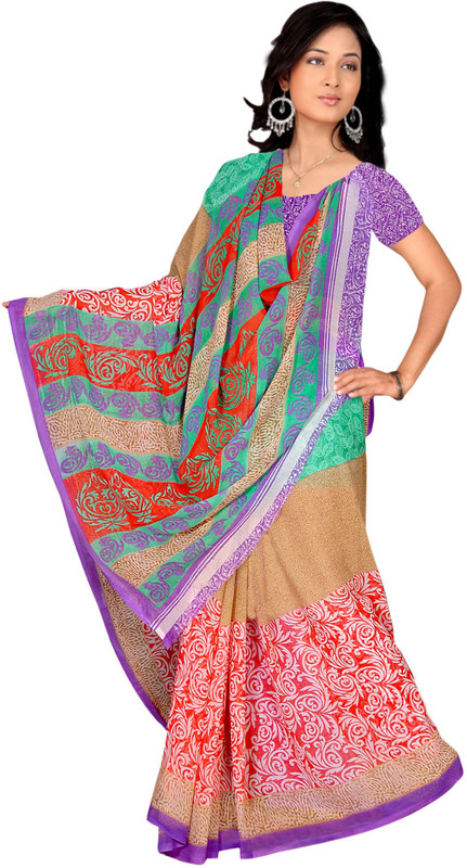 Vardan Prints Printed Bollywood Chiffon Saree(Orange, Beige)