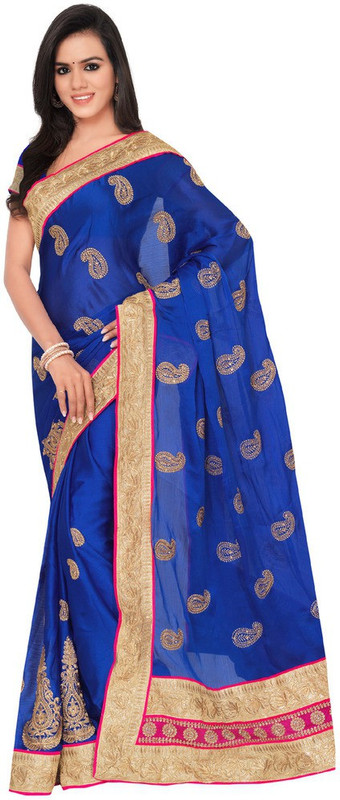 Desi Butik Embellished Fashion Satin Blend Saree(Blue)