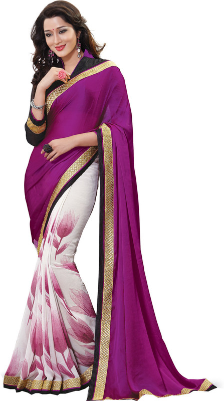 Jiya Self Design, Printed Fashion Chiffon Saree(Purple, White)