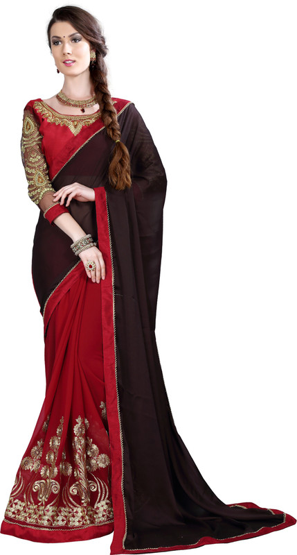 Khoobee Self Design, Embroidered Fashion Poly Georgette, Chiffon Saree(Brown, Maroon)