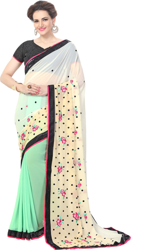 onlinefayda Self Design Bollywood Poly Georgette Saree(Beige, Light Green)