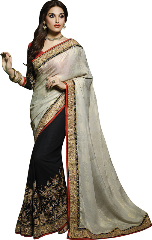 Khoobee Self Design, Embroidered, Embellished Fashion Satin Blend, Cotton Blend, Poly Georgette, Art Silk Saree(White, Black)