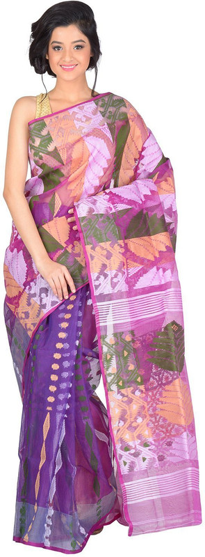 RLBFashion Self Design Jamdani Handloom Cotton Blend Saree(Purple)