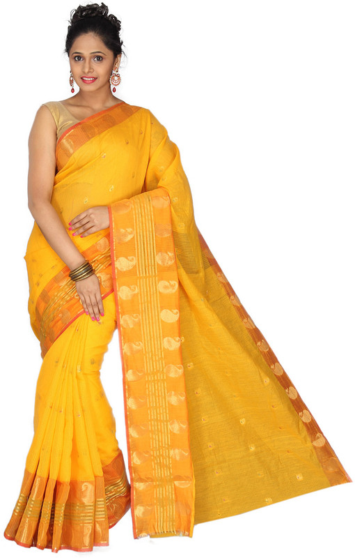 Pavechas Solid Banarasi Cotton, Net, Jacquard Saree(Yellow) RS.1054 (70.00% Off) - Flipkart