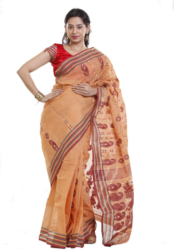 Sanrocks Global Fashions Woven Tant Cotton Blend Saree(Maroon, Beige)