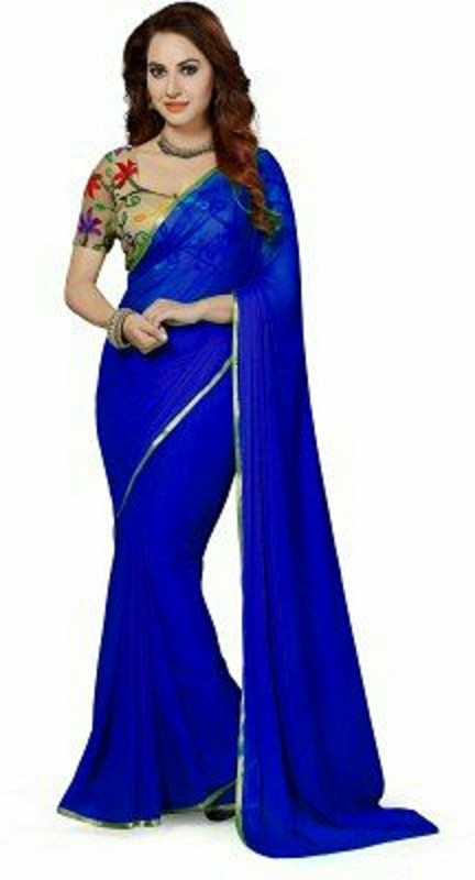 Rajasthani Bandej Solid Daily Wear Synthetic Chiffon Saree(Blue)