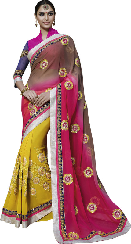 Khushali Self Design, Embroidered, Embellished Fashion Poly Georgette Saree(Brown, Pink, Yellow)