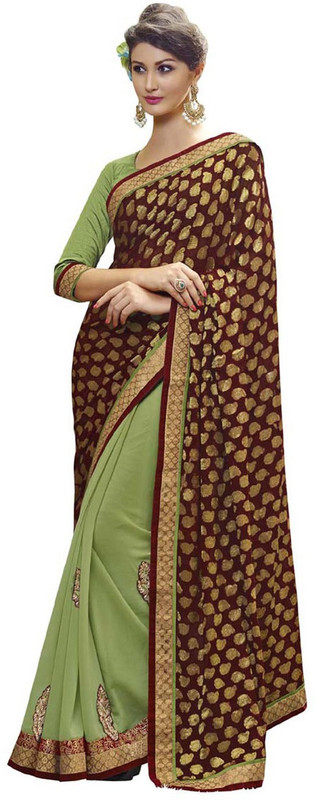 Desi Butik Self Design Fashion Cotton Blend, Poly Georgette Saree(Green, Maroon)