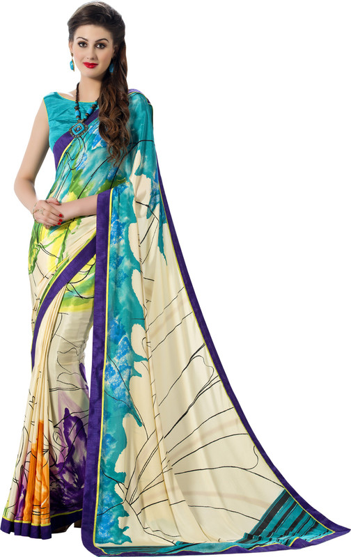 Jiya Self Design, Printed Fashion Art Silk, Poly Crepe Saree(Multicolor, White)