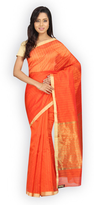 Pavechas Striped Banarasi Silk Cotton Blend Saree(Orange) RS.660 (71.00% Off) - Flipkart