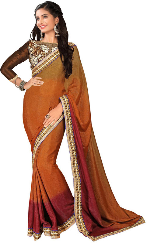 Khoobee Self Design, Embroidered Fashion Cotton Blend Saree(Brown)