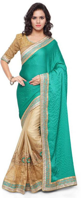 Desi Butik Embroidered Fashion Satin Blend, Chiffon, Poly Crepe Saree(Gold, Blue)