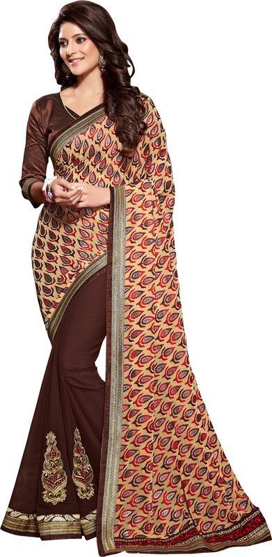 Jiya Self Design, Embroidered Fashion Poly Georgette Saree(Multicolor, Brown, Beige)