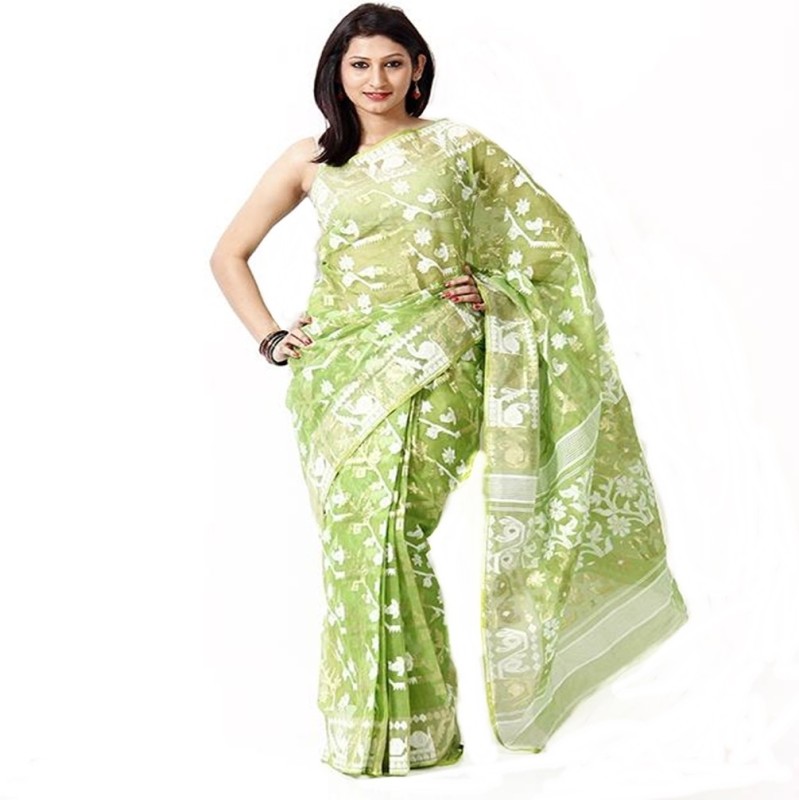 Purabi Woven Jamdani Handloom Poly Silk Saree(Green) RS.2200 (78.00% Off) - Flipkart