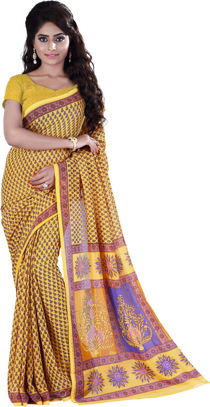 Jiya Self Design, Printed Fashion Poly Georgette Saree(Purple, Yellow)