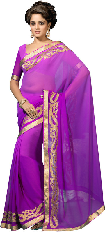 Lovely Look Embroidered Daily Wear Poly Georgette Saree(Purple)